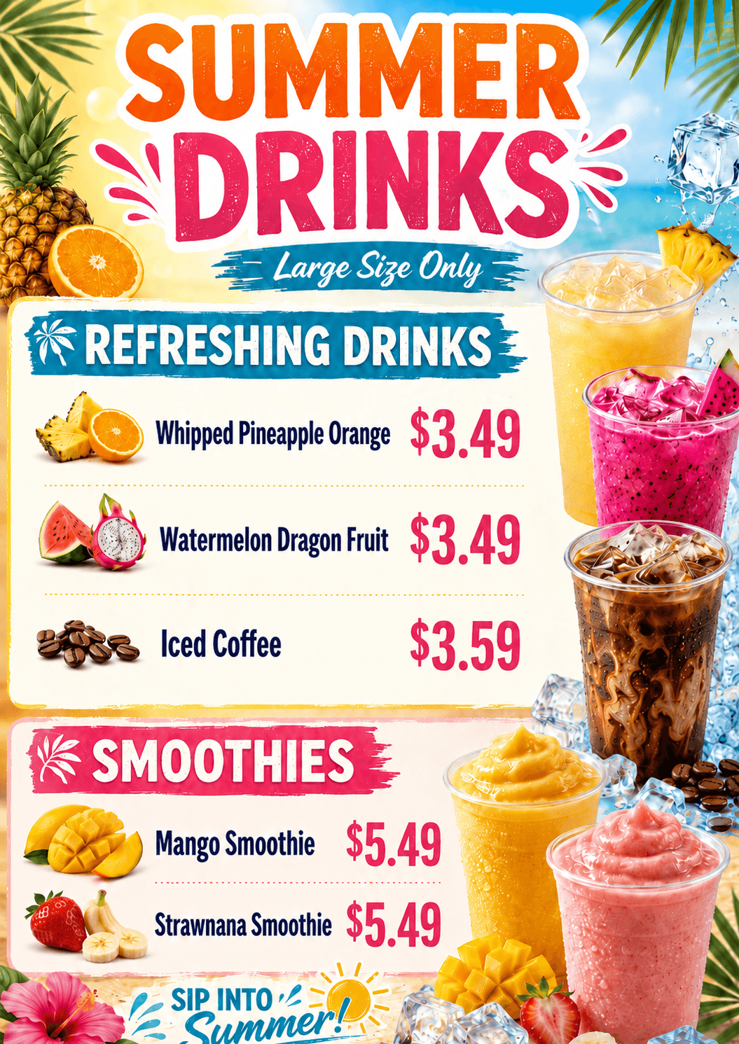 Summer drinks menu with large refreshing drinks and smoothies